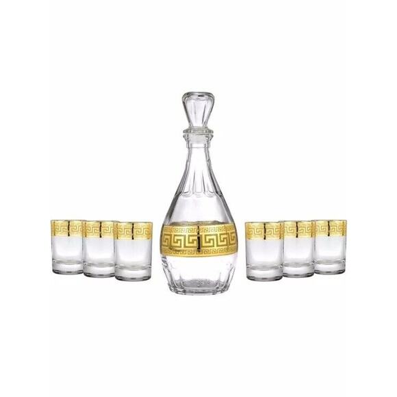 Greek Key Decanter and Shot Glass Set of 7 – 16.9 oz Decanter, 2 oz Shot Glasses - Picture 1 of 6